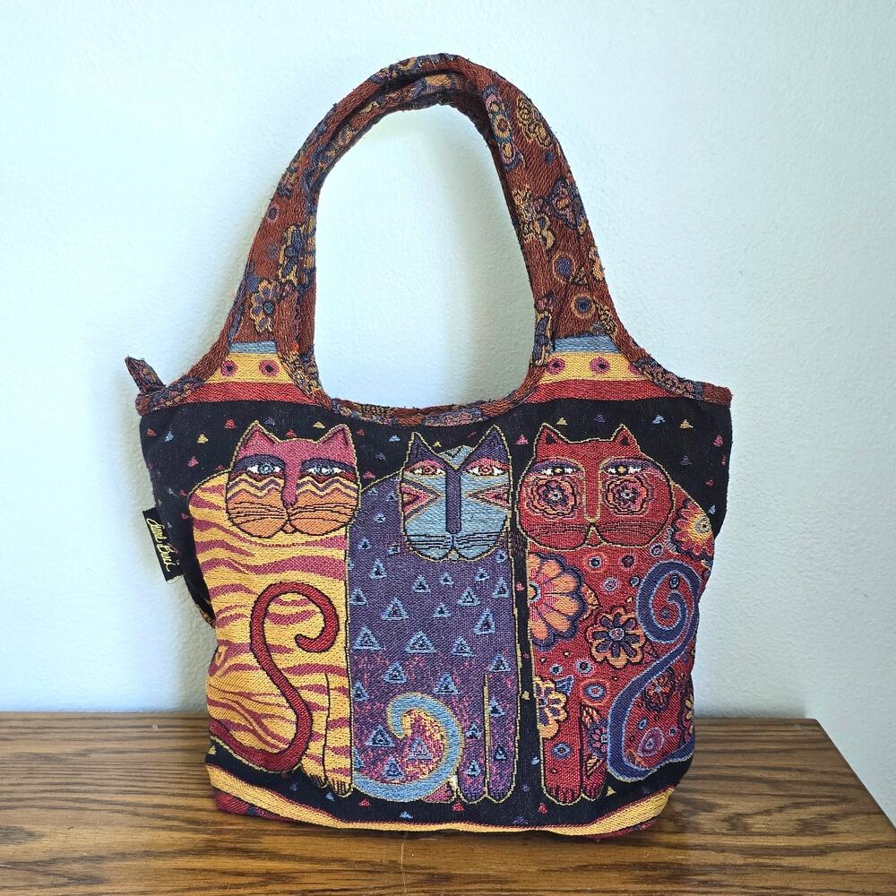 Vintage Laurel Burch Cat Tapestry Tote Bag Purse Purple Red Cat Lover Artsy Boho